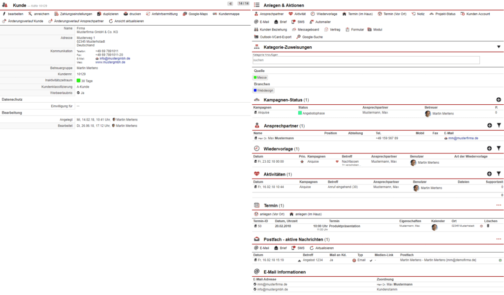 Screenshot Kundendatensatz in der ameax Unternehmenssoftware