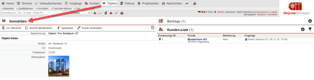 Screenshot Anzeigemaske eines Objekts