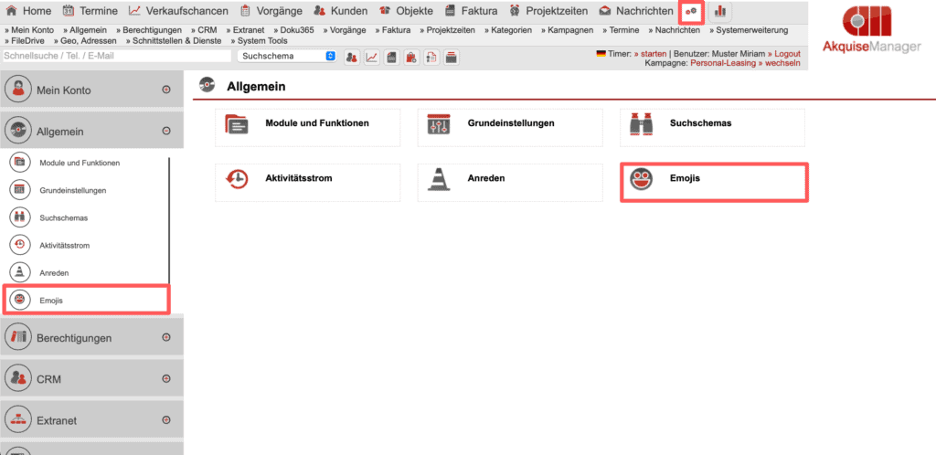 Screenshot Einstellungsbereich „Allgemein“ mit dem markierten Unterpunkt „Emojis“
