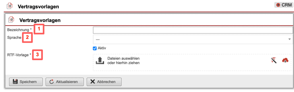 Screenshot Anlagemaske für neue Vertragsvorlagen mit verschiedenen Markierungen