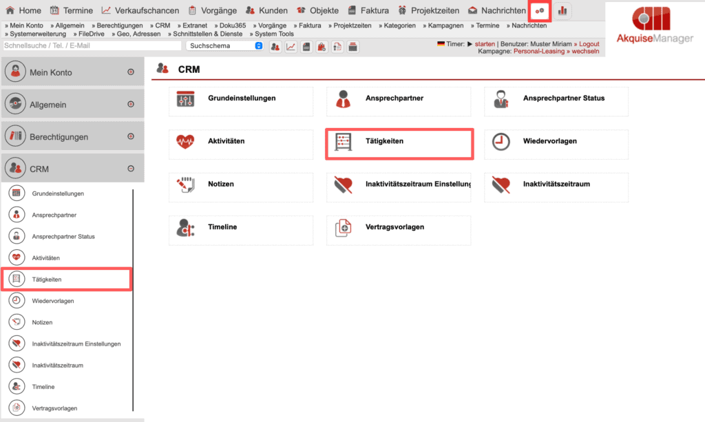 Screenshot Übersicht Einstellungsbereich „CRM“ mit markiertem Punkt „Tätigkeiten“