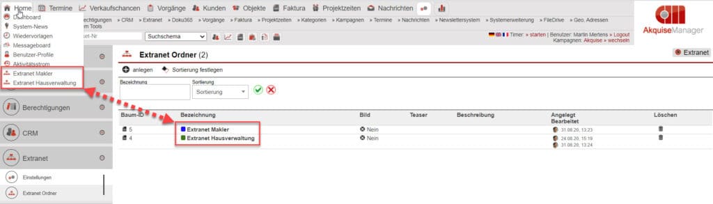 Screenshot Übersichtsmaske aller angelegten Extranet-Strukturen