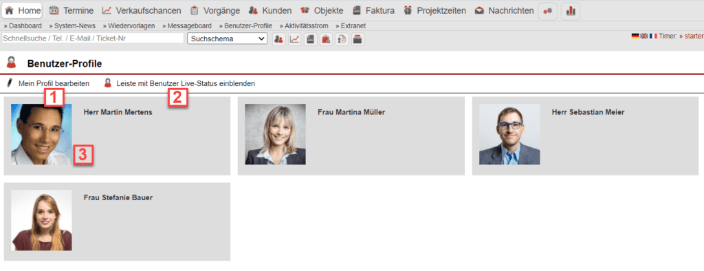 Screenshot der Übersichtsmaske des Bereichs „Benutzer-Profile“