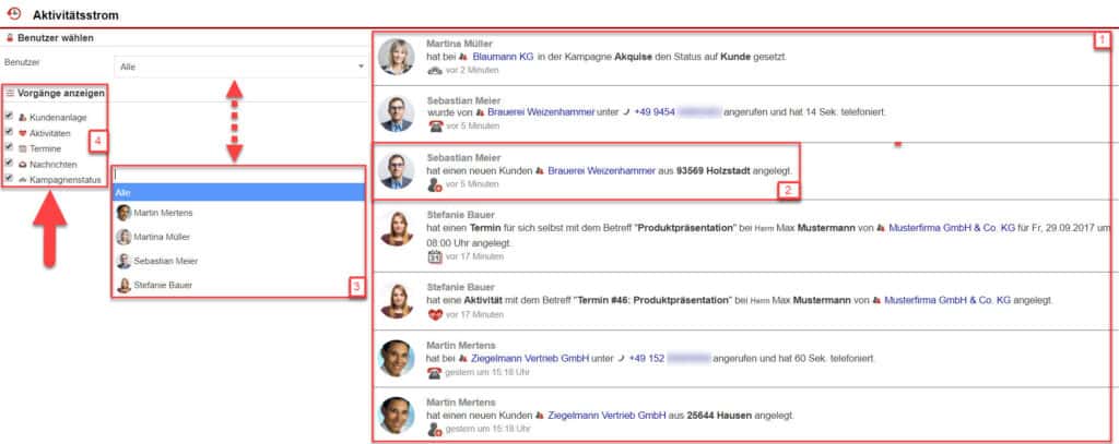 Screenshot Aktivitätsstromanzeige mit verschiedenen Markierungen