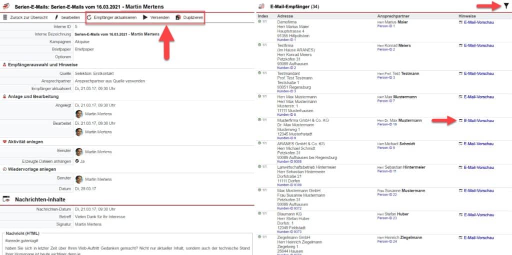Screenshot Serien-E-Mail-Übersicht
