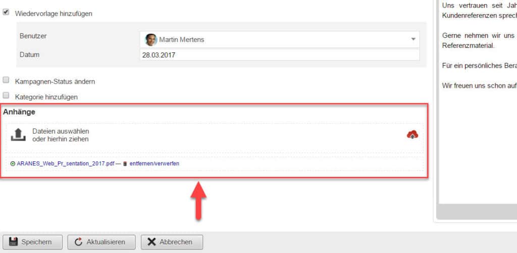 Screenshot markierter Upload-Bereich für Anhänge