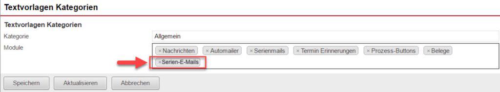 Screenshot Kategorisierung von Textvorlagen