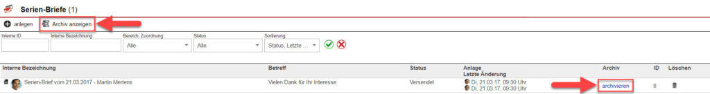 Screenshot Serien-Brief-Übersicht mit Markierungen