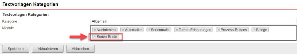 Screenshot zur Bearbeitung von Textvorlagen-Kategorien mit markiertem Eintrag "Serien-Briefe"