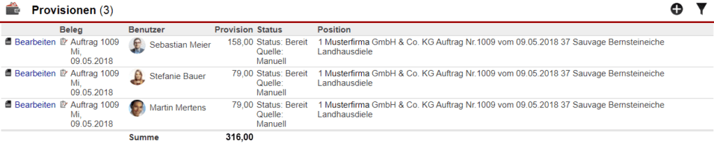 Screenshot der Maske "Provisionsansicht" innerhalb eines Belegs mit abrechnungsbereiten Provisionszahlungen