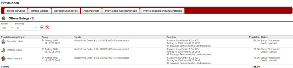 Screenshot des Bereichs "Offene Belege" innerhalb des Faktura-Menü-Punkts "Provisionen"