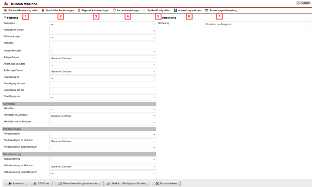 Screenshot mit der Übersicht über die Konfiguration der „Kunden Mit/Ohne-Statistik“