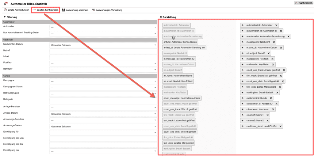 Screenshot der geöffneten Spaltenkonfigurationsbereichs