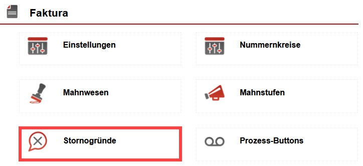 Screenshot geöffneter Einstellungsbereich „Faktura“ mit markiertem Bereich „Stornogründe“