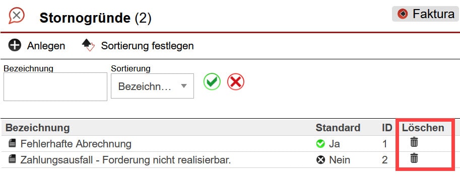 Screenshot geöffneter Einstellungsbereich „Stornogründe“ mit markiertem Bereich, in welchem bereits angelegte Stornogründe wieder gelöscht werden können