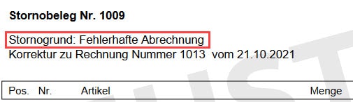 Screenshot geöffneter Stornobeleg mit markiertem darin aufgeführten Stornogrund „Fehlerhafte Abrechnung“