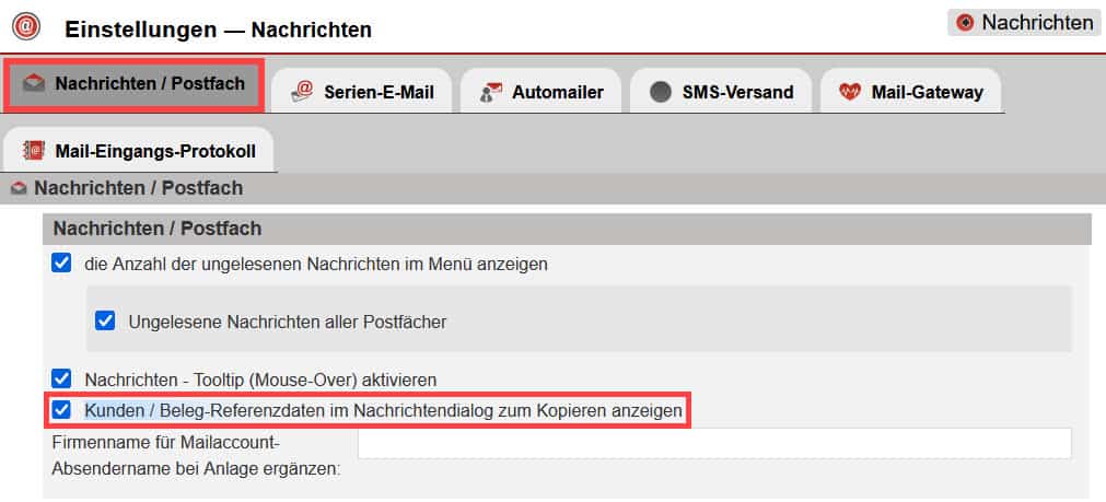 Screenshot geöffneter Reiter „Nachrichten/Postfach“ im Bereich „Einstellungen“ unter „Nachrichten“ mit markierter Einstellungsoption zum Kopieren von Referenzdaten im Nachrichtendialog