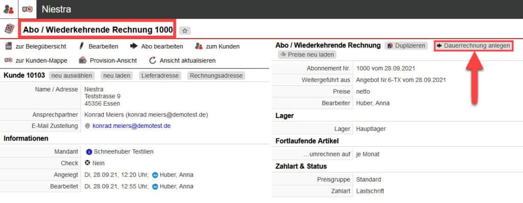 Screenshot geöffnetes Abo bzw. wiederkehrende Rechnung mit markiertem Button „Dauerrechnung anlegen“