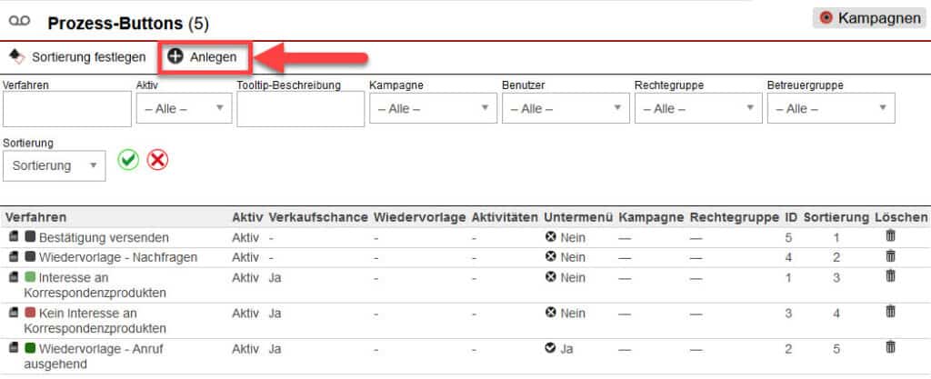 Screenshot geöffnete Prozess-Button-Übersicht mit markiertem Button zur Anlage eines neuen Prozess-Buttons