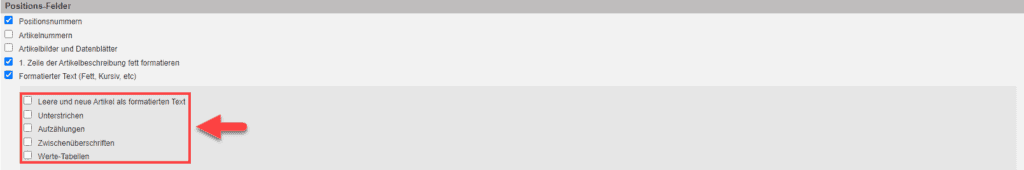 Screenshot des Einstellungsbereichs „Positions-Felder“
