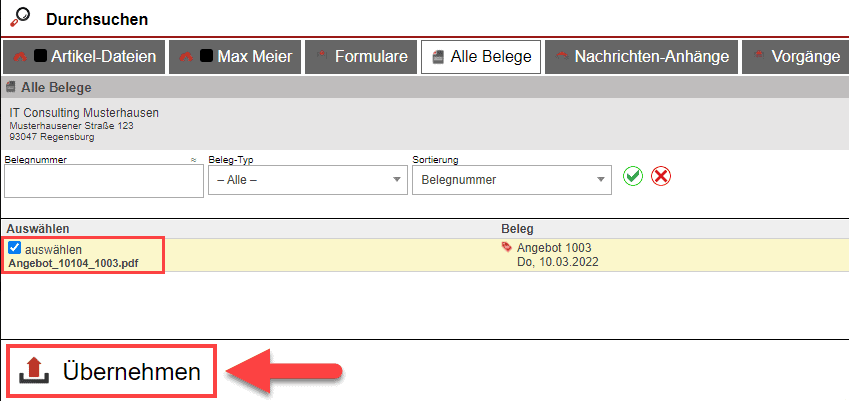 Screenshot der FileDrive-Ansicht mit hervorgehobenem „Übernehmen“-Button