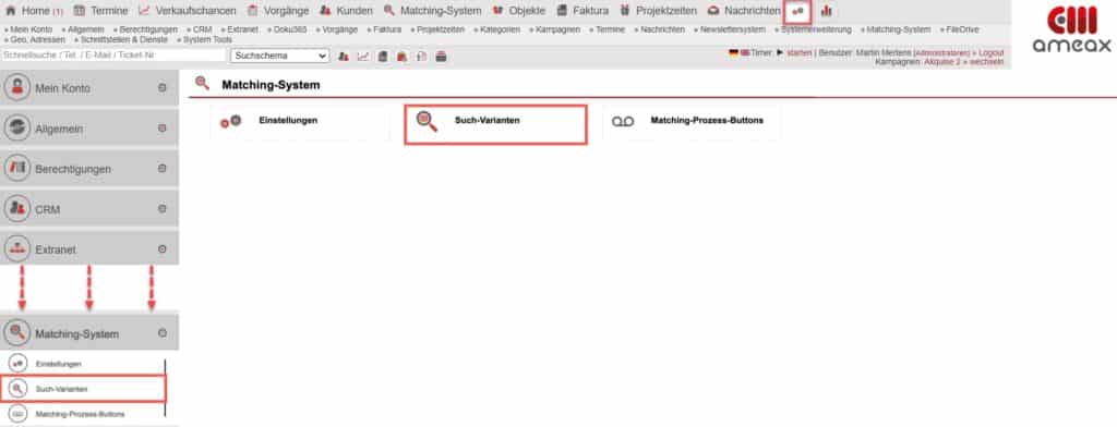 Screenshot Übersicht Einstellungsbereich „Matching-System“ mit markiertem Punkt „Such-Varianten“
