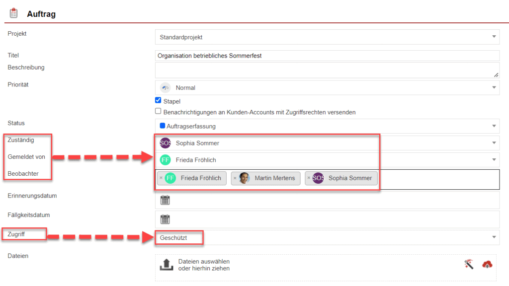Screenshot geöffnete Anlagemaske „Vorgänge“ mit verschiedenen Markierungen.