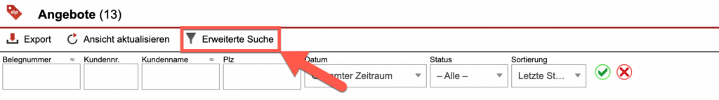 Screenshot des Bereichs „Angebote“ mit markiertem „Erweiterte Suche“-Button