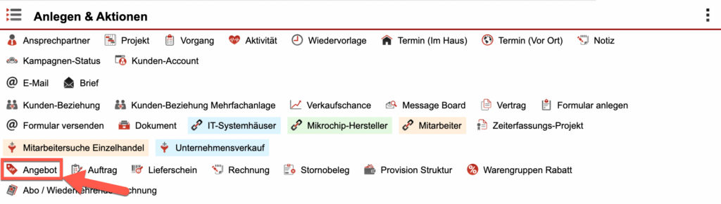 Screenshot des Bereichs „Anlegen & Aktionen“ im Kundendatensatz mit markiertem Button „Angebot“