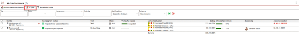 Ansicht aller Verkaufschancen mit markierter Schaltfläche „Export“
