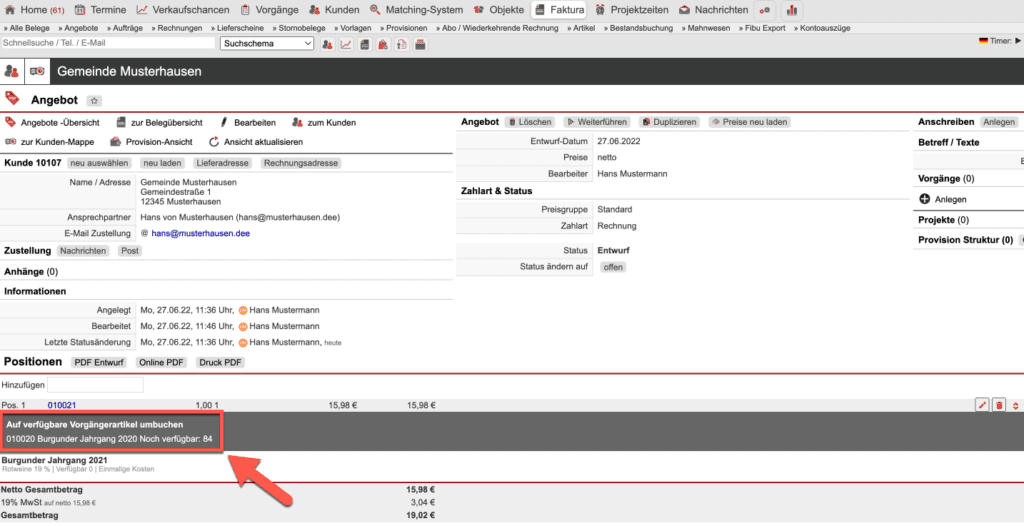 Screenshot der Ansicht bei Erstellung eines Angebots mit Vorschlag zum Umbuchen auf einen Vorgängerartikel