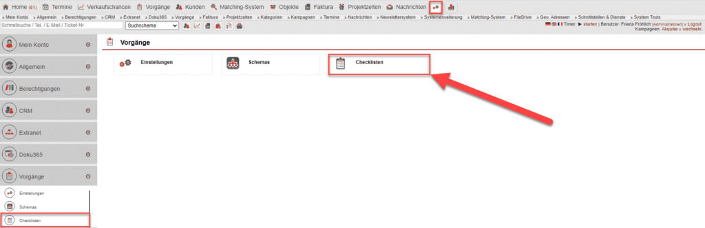 Screenshot Hauptmenüpunkt „Einstellungen“ mit dem markierten Bereich „Checkliste“