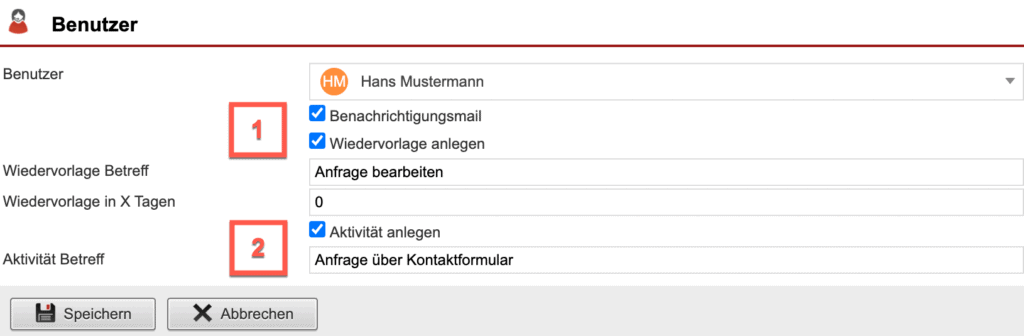 Screenshot der Bearbeitungsmaske „Benutzer“ mit numerischen Markierungen