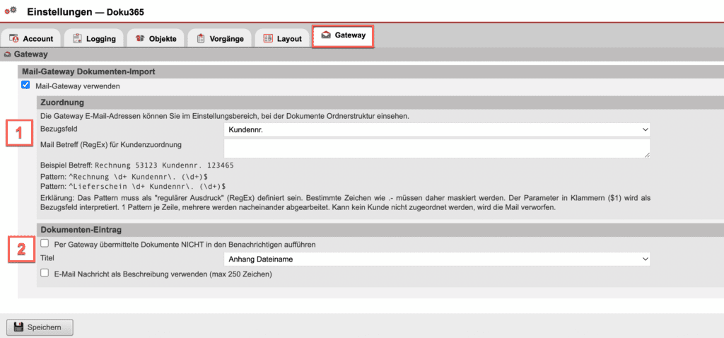 Screenshot Einstellungsmaske „Doku365” im Reiter „Gateway”