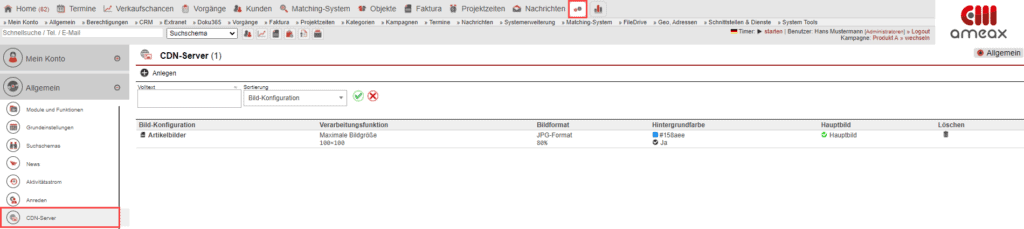 Screenshot des Inhalts des Untermenüpunkts „Module und Funktionen“ aus dem allgemeinen Einstellungsbereich mit Markierung der Checkbox „CDN-Server“