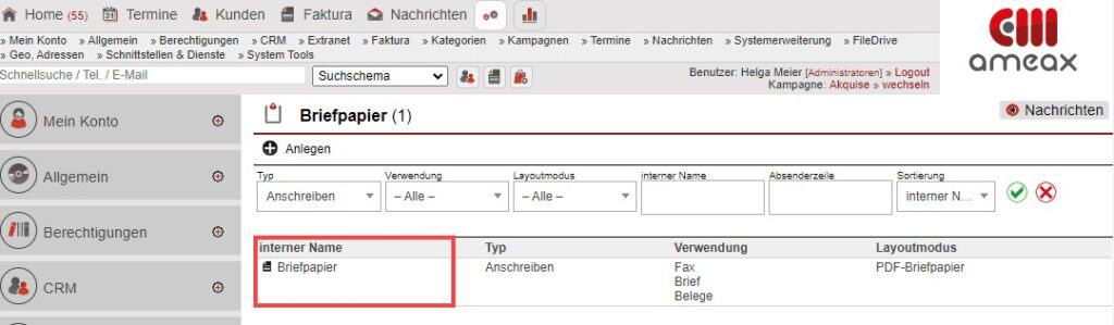 Screenshot Arbeitsbereich „Briefpapier“
