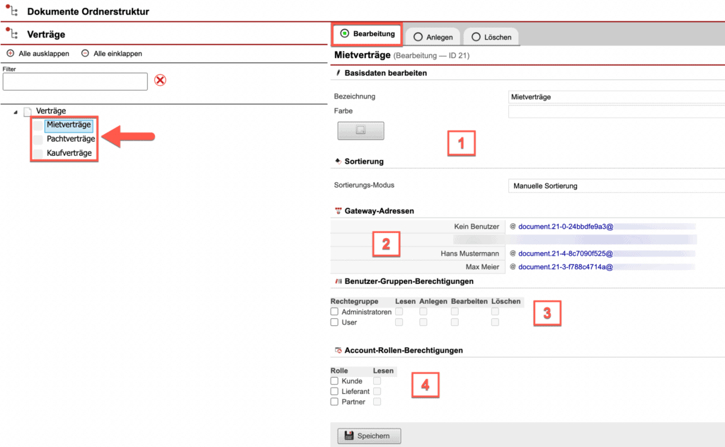 Screenshot der Bearbeitungsmaske eines Unterpunktes mit verschiedenen numerischen Markierungen