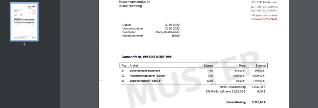 Screenshot einer beispielhaften Gutschrift