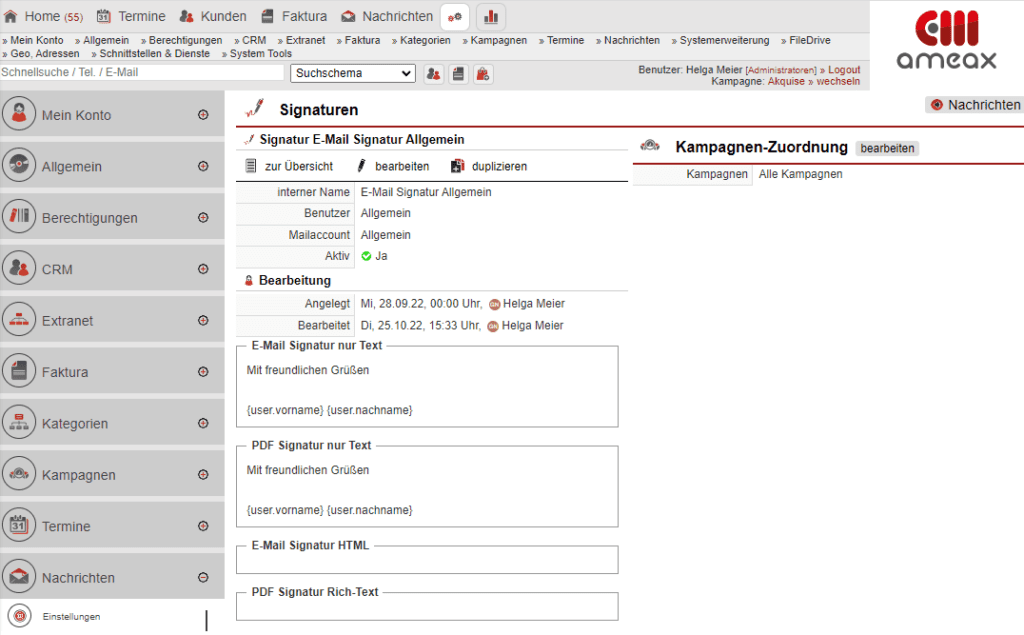 Screenshot Bearbeitungsmaske der Signaturen