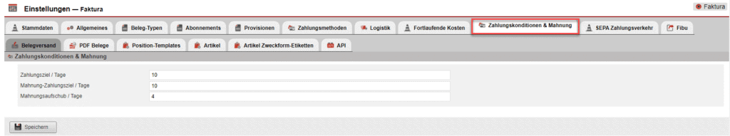 Einstellungsmaske des Bereichs „Zahlungskonditionen & Mahnung“