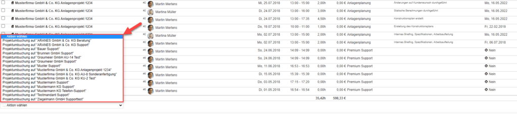 Screenshot Projektumbuchungen in den Auswertungen