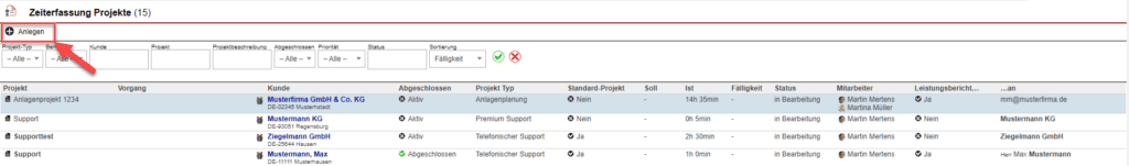 Screenshot Übersicht der Projekte mit markierter Schaltfläche „Anlegen“