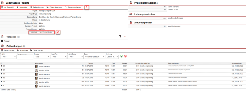 Screenshot Projektübersicht mit verschiedenen Markierungen
