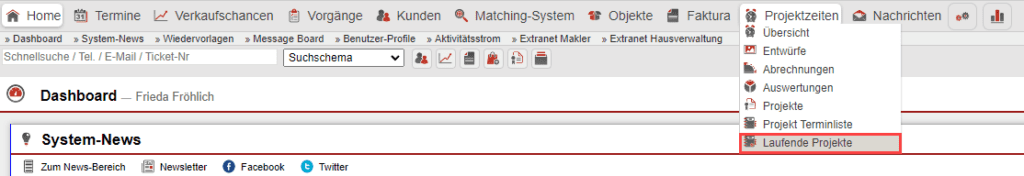 Screenshot Hauptmenüpunkt „Projektzeiten“ mit ausgeklapptem Untermenü