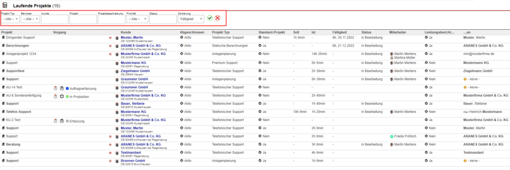 Screenshot Untermenüleiste der laufenden Projekte