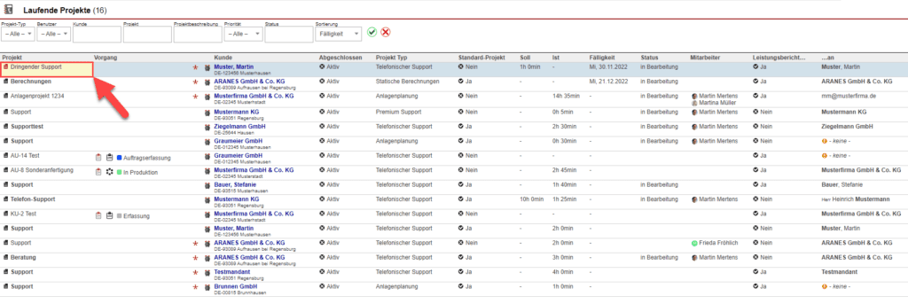 Screenshot Übersicht der laufenden Projekte mit verschiedenen Markierungen