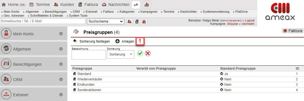Screenshot Einstellungsbereich „Preisgruppen“