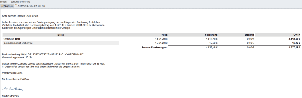 Screenshot eines beispielhaften Zahlungserinnerung die per Mail verschickt wurde