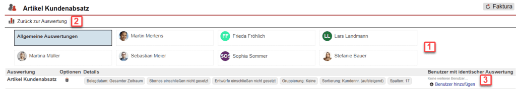 Screenshot über gespeicherte Auswertungen im Statistikbereich „Artikel Kundenabsatz“