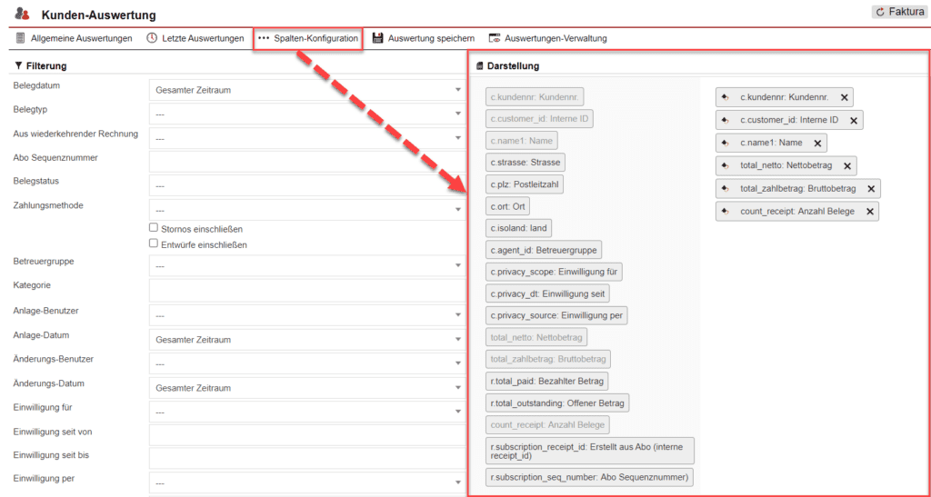 Screenshot der geöffneten Spalten-Konfiguration